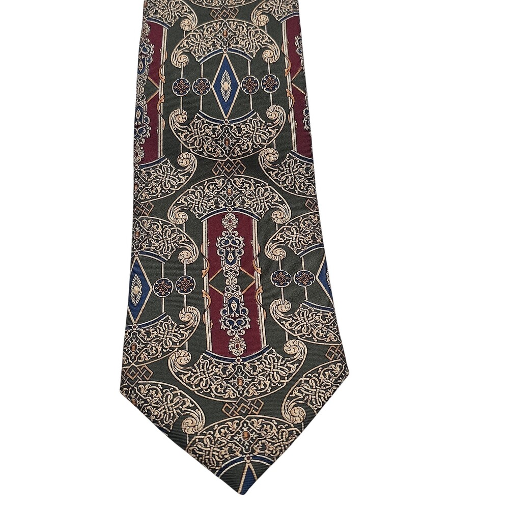 Bill Blass Mens Tie Dk Green Geometric Pattern 100% Silk USA Necktie 3.75"x57"